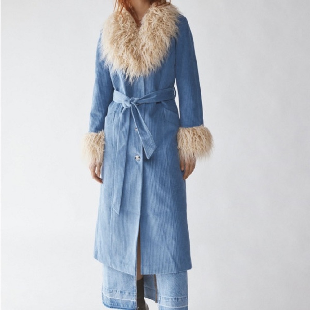 ISO Urban Outfitters Tasha Blue Corduroy Coat with Cream Faux Fur M or L